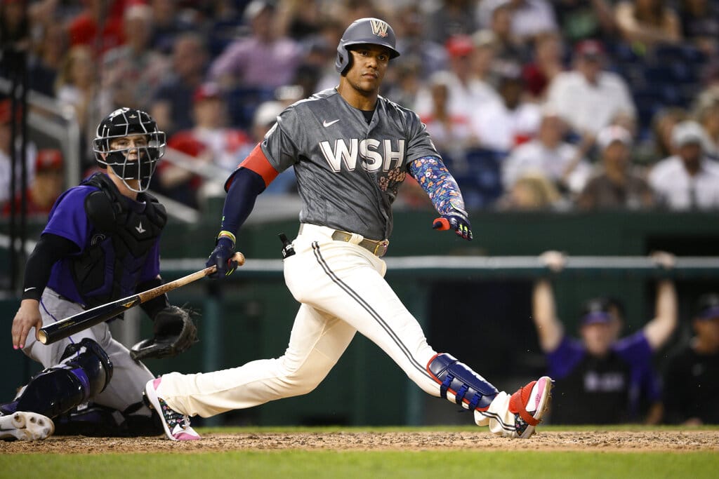 Washington Nationals' Juan Soto in action during the second baseball game of a doubleheader against the Colorado Rockies, Saturday, May 28, 2022, in Washington. (AP Photo/Nick Wass)