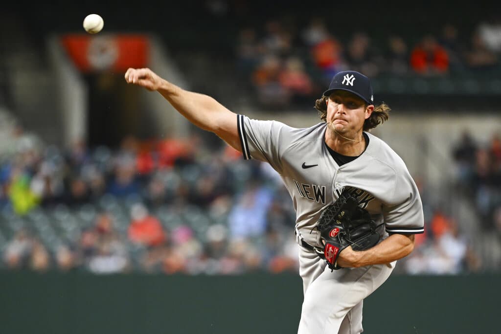 New York Yankees starting pitcher Gerrit Cole throws a pitch during the second inning of a baseball game against the Baltimore Orioles, Wednesday, May 18, 2022, in Baltimore. (AP Photo/Terrance Williams)