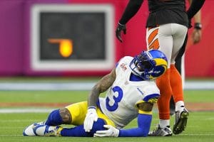 Media by Associated Press - Los Angeles Rams wide receiver Odell Beckham Jr. (3) reacts after a play against the Cincinnati Bengals during the first half of the NFL Super Bowl 56 football game Sunday, Feb. 13, 2022, in Inglewood, Calif. (AP Photo/Marcio Jose Sanchez)