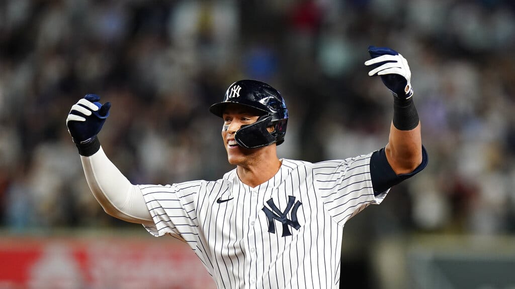 Media by Associated Press - New York Yankees' Aaron Judge gestures to teammates after hitting a game winning RBI single during the ninth inning of a baseball game against the Houston Astros Thursday, June 23, 2022, in New York. The Yankees won 7-6. (AP Photo/Frank Franklin II)