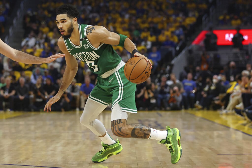 Media by Associated Press - Boston Celtics forward Jayson Tatum drives to the basket against the Golden State Warriors during the first half of Game 2 of basketball's NBA Finals in San Francisco, Sunday, June 5, 2022. (AP Photo/Jed Jacobsohn)