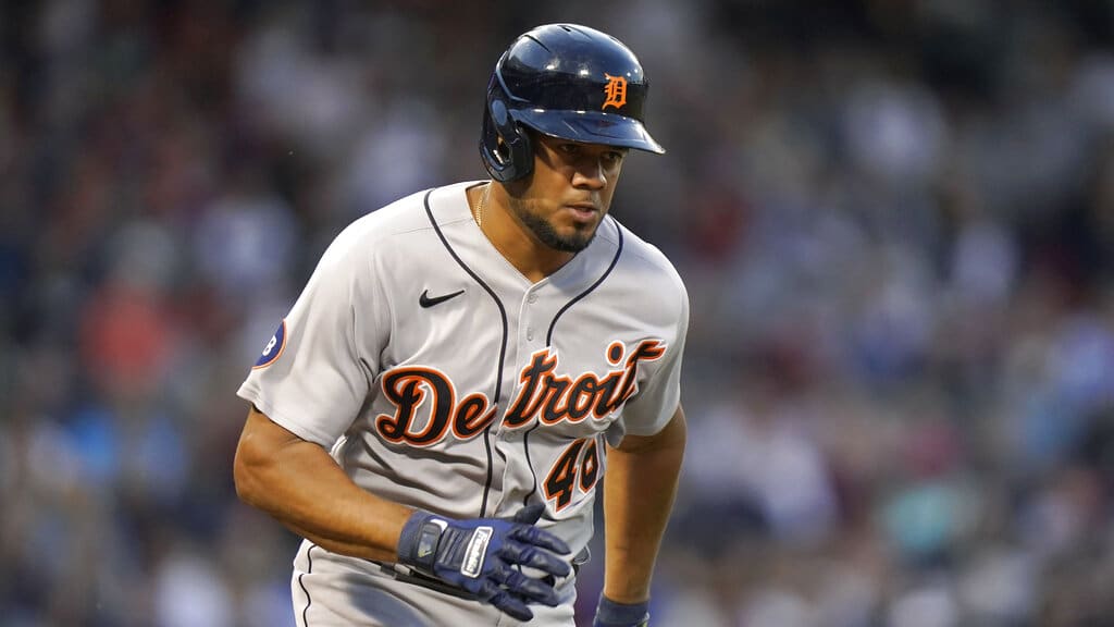 Media by Associated Press - Detroit Tigers' Jeimer Candelario runs toward first base in the fourth inning of a baseball game against the Boston Red Sox, Monday, June 20, 2022, in Boston. (AP Photo/Steven Senne)