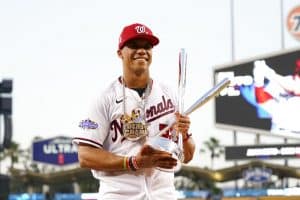 Media by Associated Press - National League's Juan Soto, of the Washington Nationals, holds the winner's trophy after winning the MLB All-Star baseball Home Run Derby, Monday, July 18, 2022, in Los Angeles. (AP Photo/Abbie Parr)