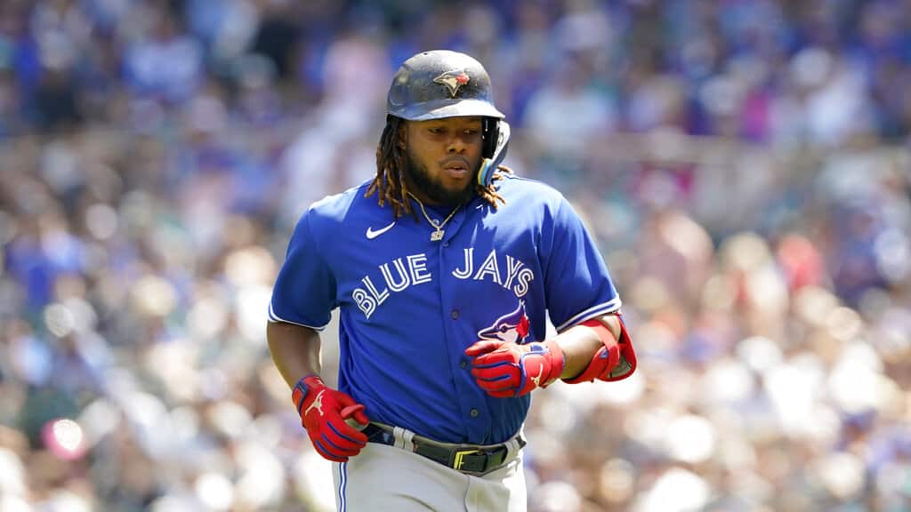 Media by Associated Press - Toronto Blue Jays' Vladimir Guerrero Jr. during a baseball game against the Seattle Mariners, Sunday, July 10, 2022, in Seattle. (AP Photo/Ted S. Warren)