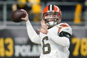 Media by Associated Press - FILE - Cleveland Browns quarterback Baker Mayfield (6) warms up before an NFL football game against the Pittsburgh Steelers, on Jan. 3, 2022, in Pittsburgh. Mayfield's rocky run with Cleveland officially ended Wednesday, July 6, 2022, with the Browns trading the divisive quarterback and former No. 1 overall draft pick to the Carolina Panthers, a person familiar with the deal told the Associated Press. (AP Photo/Gene J. Puskar, File)