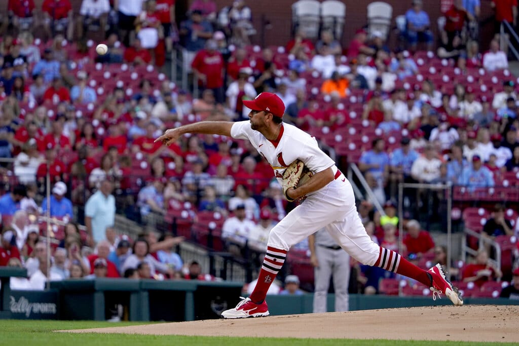 Media by Associated Press - St. Louis Cardinals starting pitcher Adam Wainwright throws during the first inning of a baseball game against the Miami Marlins Monday, June 27, 2022, in St. Louis. (AP Photo/Jeff Roberson)