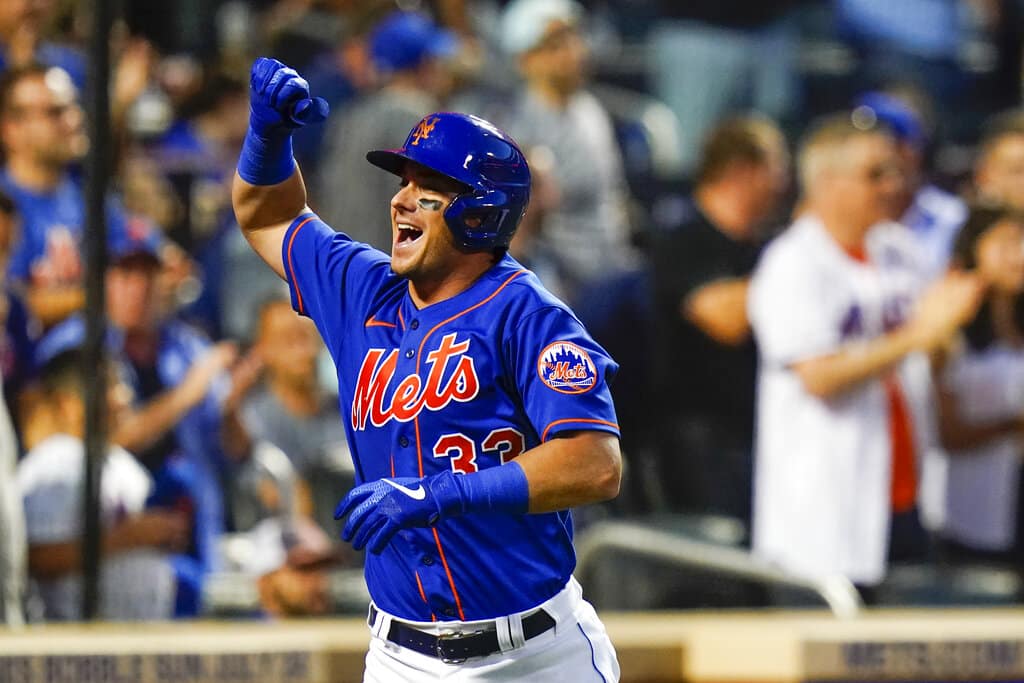 Media by Associated Press - New York Mets' James McCann during the fourth inning of a baseball game against the Miami Marlins Thursday, July 7, 2022, in New York. (AP Photo/Frank Franklin II)