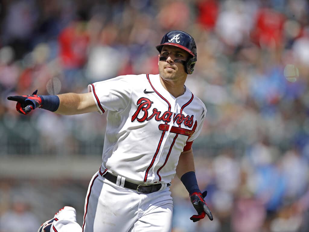 Media by Associated Press - Atlanta Braves' Austin Riley celebrates after hitting a home run against the Washington Nationals in the eighth inning of a baseball game, Sunday, July 10, 2022, in Atlanta. (AP Photo/Ben Margot)