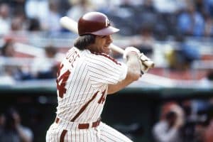 Media by Associated Press - FILE - Philadelphia Phillies' Pete Rose bats during a 1980 baseball game. Rose will make an appearance on the field in Philadelphia next month. Baseball’s career hits leader will be part of Phillies alumni weekend, and will be introduced on the field alongside many former teammates from the 1980 World Series championship team on Aug. 7. (AP Photo, File)