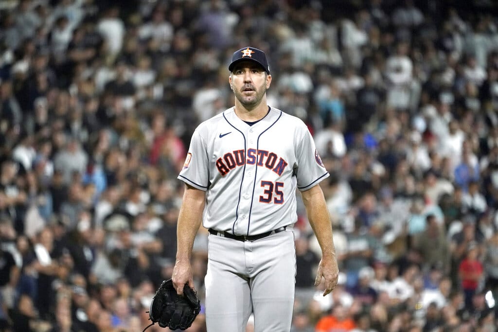 Media by Associated Press - Houston Astros starting pitcher Justin Verlander walks to the dugout during a baseball game against the Chicago White Sox Tuesday, Aug. 16, 2022, in Chicago. (AP Photo/Charles Rex Arbogast)