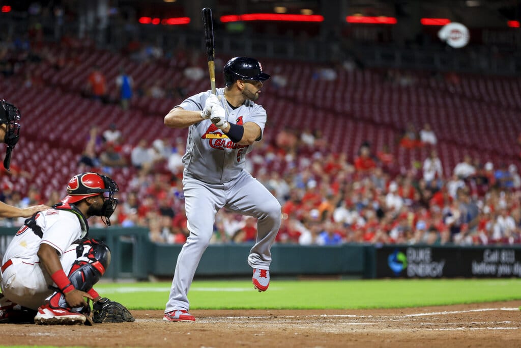 Media by Associated Press - St. Louis Cardinals' Albert Pujols bats during a baseball game against the Cincinnati Reds in Cincinnati, Monday, Aug. 29, 2022. (AP Photo/Aaron Doster)