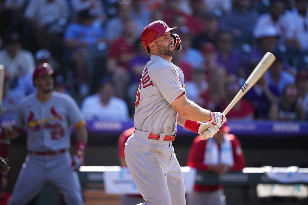 Media by Associated Press - St. Louis Cardinals first baseman Paul Goldschmidt (46) in the ninth inning of a baseball game Thursday, Aug. 11, 2022, in Denver. (AP Photo/David Zalubowski)