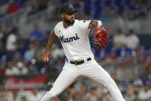 Media by Associated Press - Miami Marlins starting pitcher Sandy Alcantara aims a pitch in the first inning of a baseball game against the San Diego Padres, Monday, Aug. 15, 2022, in Miami. (AP Photo/Marta Lavandier)