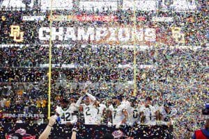 Media by Associated Press - Baylor safety Jairon McVea (42), linebacker Terrel Bernard (2), running back Abram Smith (7), wide receiver R.J. Sneed (0) running back Trestan Ebner (1) and safety Jalen Pitre (8) celebrate with the trophy after defeating Oklahoma State in an NCAA college football game for the Big 12 Conference championship in Arlington, Texas, Dec. 4, 2021. Baylor has been tabbed as the preseason favorite to win the conference title again, based on a poll of media who cover the league. It is the first time Baylor has ever been favored in the preseason vote. Coach Dave Aranda's Bears got 17 of the 41 first-place votes in the poll released Thursday, July 7, 2022. (AP Photo/Tim Heitman, file)