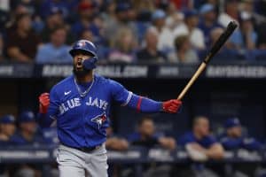 Toronto Blue Jays' Teoscar Hernandez reacts while batting during a baseball game Saturday, Sept. 24, 2022, in St. Petersburg, Fla. (AP Photo/Scott Audette)