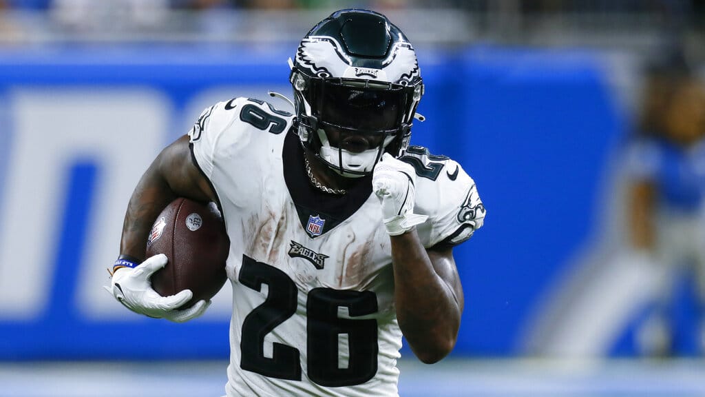 Media by Associated Press - Philadelphia Eagles running back Miles Sanders runs the ball against the Detroit Lions in the second half of an NFL football game in Detroit, Sunday, Sept. 11, 2022. (AP Photo/Duane Burleson)