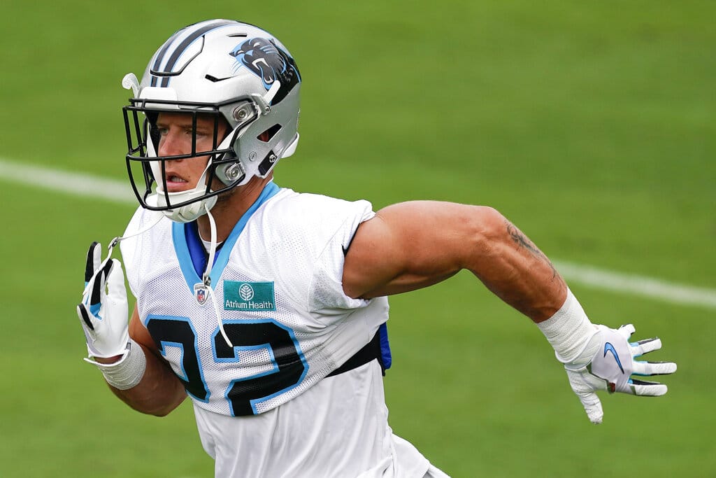 Media by Associated Press - Carolina Panthers' Christian Mccaffrey practices during the NFL football team's training camp in Gibbs Stadium at Wofford College on Saturday, July 30, 2022, in Spartanburg, S.C. (AP Photo/Chris Carlson)