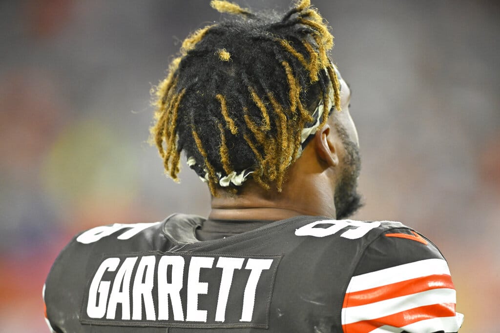 Media by Associated Press - Cleveland Browns defensive end Myles Garrett (95) stands on the field during an NFL football game against the Pittsburgh Steelers, Thursday, Sept. 22, 2022, in Cleveland. The Browns won 29-17. (AP Photo/David Richard)