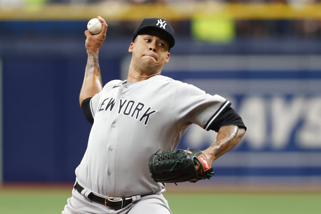 Media by Associated Press - New York Yankees starting pitcher Frankie Montas throws to a Tampa Bay Rays batter during the first inning of a baseball game Sunday, Sept. 4, 2022, in St. Petersburg, Fla. (AP Photo/Scott Audette)