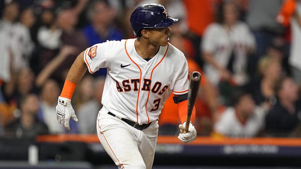 Media by Associated Press - Houston Astros shortstop Jeremy Pena (3) runs during the sixth inning in Game 1 of baseball's American League Championship Series between the Houston Astros and the New York Yankees, Wednesday, Oct. 19, 2022, in Houston. (AP Photo/Eric Gay)