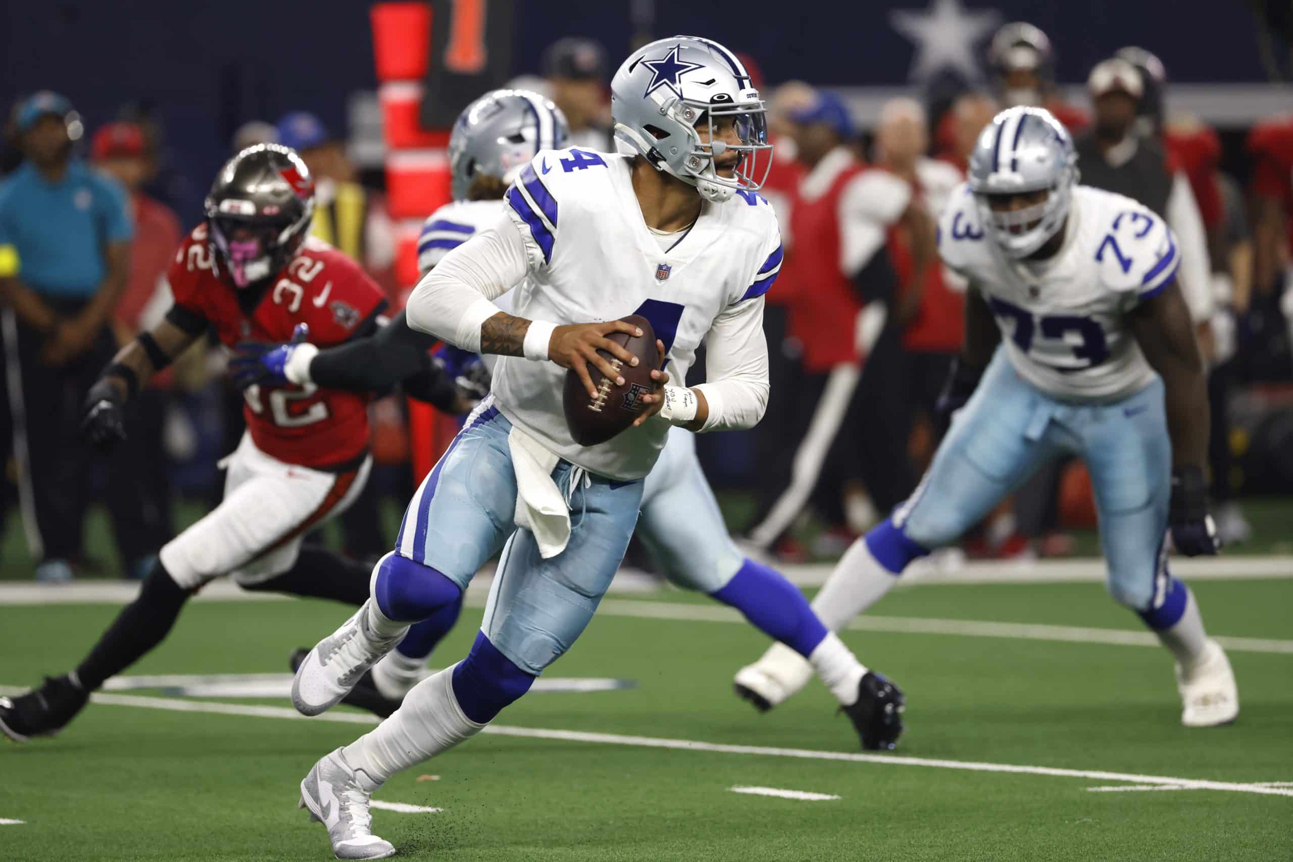 Media by Associated Press - Dallas Cowboys quarterback Dak Prescott (4) looks to throw against the Tampa Bay Buccaneers during an NFL football game in Arlington, Texas, Sunday, Sept. 11, 2022. (AP Photo/Ron Jenkins)