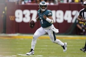 Media by Associated Press - Philadelphia Eagles quarterback Jalen Hurts (1) in action during the second half of an NFL football game against the Washington Commanders, Sunday, Sept. 24, 2022, in Landover, Md. (AP Photo/Alex Brandon)