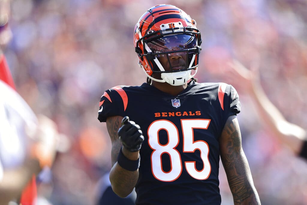 Media by Associated Press - Cincinnati Bengals wide receiver Tee Higgins (85) celebrates after carrying the ball during an NFL football game against the Atlanta Falcons, Sunday, Oct. 23, 2022, in Cincinnati. (AP Photo/Emilee Chinn)