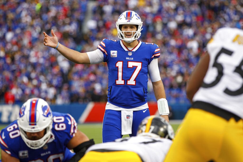 Media by Associated Press - Buffalo Bills quarterback Josh Allen (17) signals during an NFL football game, Sunday, Oct. 9, 2022, in Orchard Park, NY. (AP Photo/Matt Durisko)