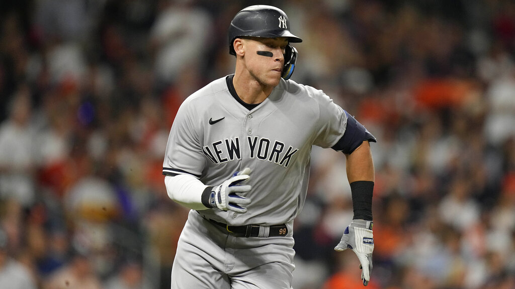 Media by Associated Press - New York Yankees Aaron Judge (99) runs on his single during the third inning in Game 2 of baseball's American League Championship Series between the Houston Astros and the New York Yankees, Thursday, Oct. 20, 2022, in Houston. (AP Photo/Eric Gay)