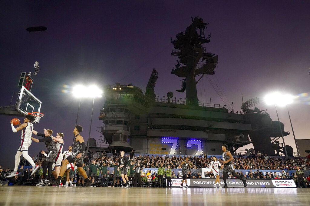 Media by Associated Press - Gonzaga guard Julian Strawther (0) grabs a rebound during the second half of the Carrier Classic NCAA college basketball game against Michigan State aboard the USS Abraham Lincoln, Friday, Nov. 11, 2022, in Coronado, Calif. (AP Photo/Gregory Bull)