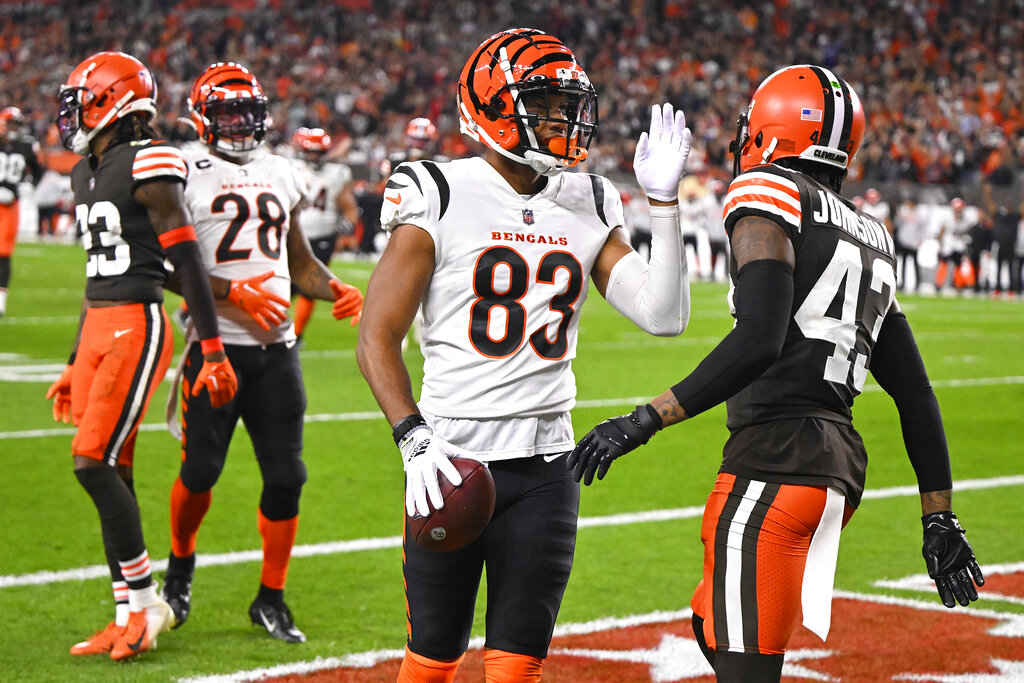 Media by Associated Press - Cincinnati Bengals wide receiver Tyler Boyd (83) celebrates after his touchdown during the second half of an NFL football game against the Cleveland Browns in Cleveland, Monday, Oct. 31, 2022. (AP Photo/David Richard)