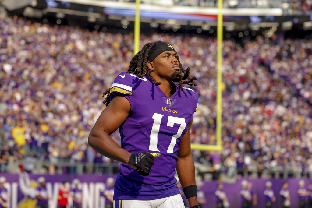 Media by Associated Press - Minnesota Vikings wide receiver K.J. Osborn (17) on the field prior to the start of an NFL football game against the Arizona Cardinals, Sunday, Oct. 30, 2022 in Minneapolis. (AP Photo/Stacy Bengs)