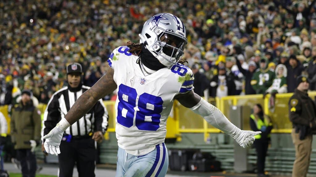 Media by Associated Press - Dallas Cowboys wide receiver CeeDee Lamb celebrates catching a pass for a touchdown during the second half of an NFL football game against the Green Bay Packers Sunday, Nov. 13, 2022, in Green Bay, Wis. (AP Photo/Matt Ludtke)