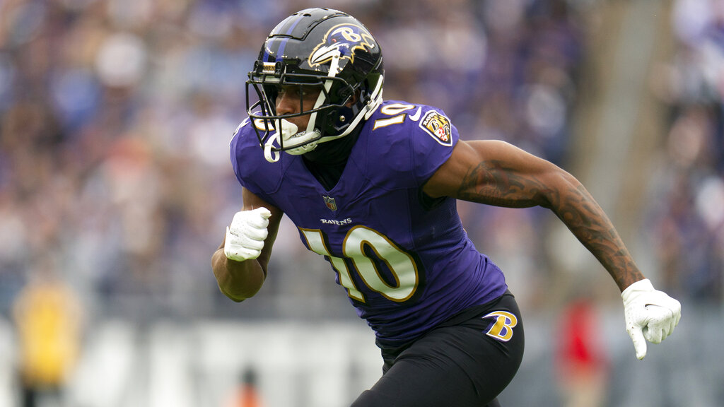 Media by Associated Press - Baltimore Ravens wide receiver Demarcus Robinson runs a route during the second half of an NFL football game between the Baltimore Ravens and the Cleveland Browns, Sunday, Oct. 23, 2022, in Baltimore. The Ravens won 23-20. (AP Photo/Julio Cortez)