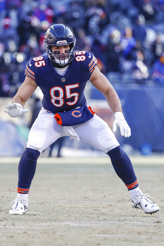 Chicago Bears tight end Cole Kmet (85) blocks during the second half of an NFL football game against the Buffalo Bills, Saturday, Dec. 24, 2022, in Chicago. (AP Photo/Kamil Krzaczynski) - Media by Associated Press