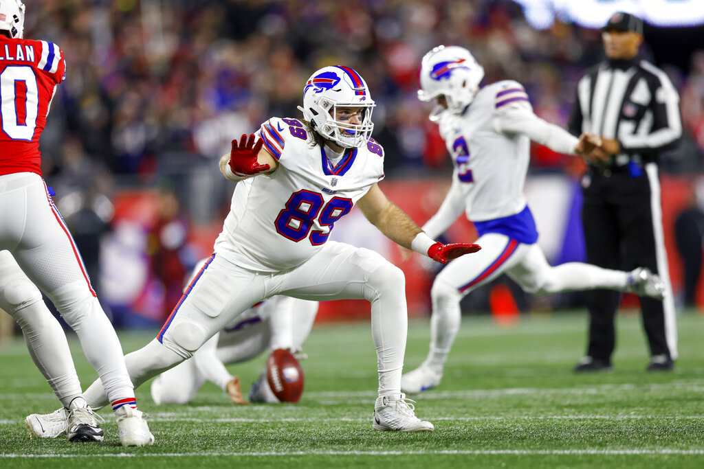 Media by Associated Press - Buffalo Bills tight end Tommy Sweeney (89) protects at the line of scrimmage during the first half an NFL football game against the New England Patriots, Thursday, Dec. 1, 2022, in Foxborough, Mass. (AP Photo/Greg M. Cooper)