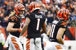 Media by Associated Press - Cincinnati Bengals wide receiver Trenton Irwin (16) celebrates his touchdown with wide receiver Ja'Marr Chase (1) during an NFL football game against the Cleveland Browns, Sunday, Dec. 11, 2022, in Cincinnati. (AP Photo/Emilee Chinn)