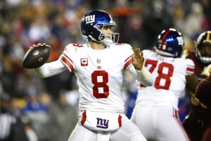 New York Giants quarterback Daniel Jones (8) in action during the second half of an NFL football game against the Washington Commanders, Sunday, Dec. 18, 2022, in Landover, Md. (AP Photo/Nick Wass) - Media by Associated Press