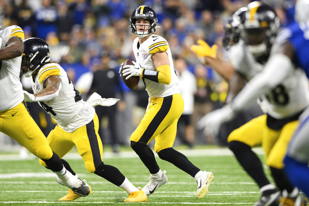 Media by Associated Press - Pittsburgh Steelers quarterback Kenny Pickett (8) looks downfield during an NFL football game against the Indianapolis Colts, Monday, Nov. 28, 2022, in Indianapolis. (AP Photo/Zach Bolinger)