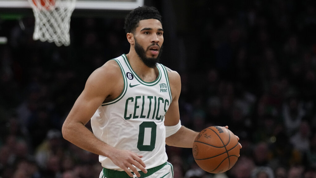 Media by Associated Press - Boston Celtics forward Jayson Tatum (0) during an NBA basketball game, Monday, Jan. 9, 2023, in Boston. (AP Photo/Charles Krupa)