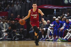 Miami Heat guard Tyler Herro (14) drives to the basket during the second half of an NBA basketball game against Los Angeles Clippers Monday, Jan. 2, 2023, in Los Angeles. (AP Photo/Allison Dinner) - Media by Associated Press