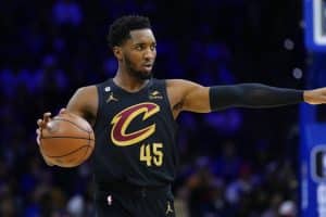 Media by Associated Press - Cleveland Cavaliers' Donovan Mitchell plays during an NBA basketball game, Wednesday, Feb. 15, 2023, in Philadelphia. (AP Photo/Matt Slocum)