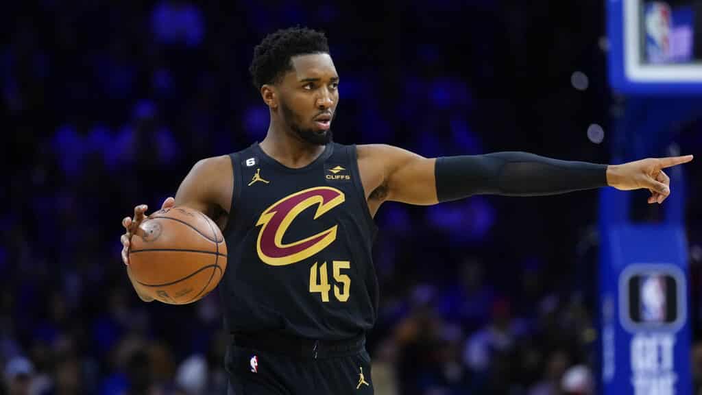 Media by Associated Press - Cleveland Cavaliers' Donovan Mitchell plays during an NBA basketball game, Wednesday, Feb. 15, 2023, in Philadelphia. (AP Photo/Matt Slocum)