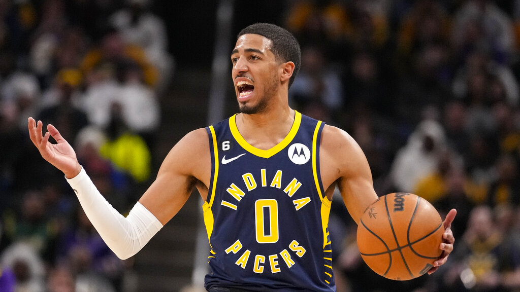 Media by Associated Press - Indiana Pacers guard Tyrese Haliburton (0) plays against the Los Angeles Lakers during the second half of an NBA basketball game in Indianapolis, Thursday, Feb. 2, 2023. The Lakers defeated the Pacers 112-111. (AP Photo/Michael Conroy)