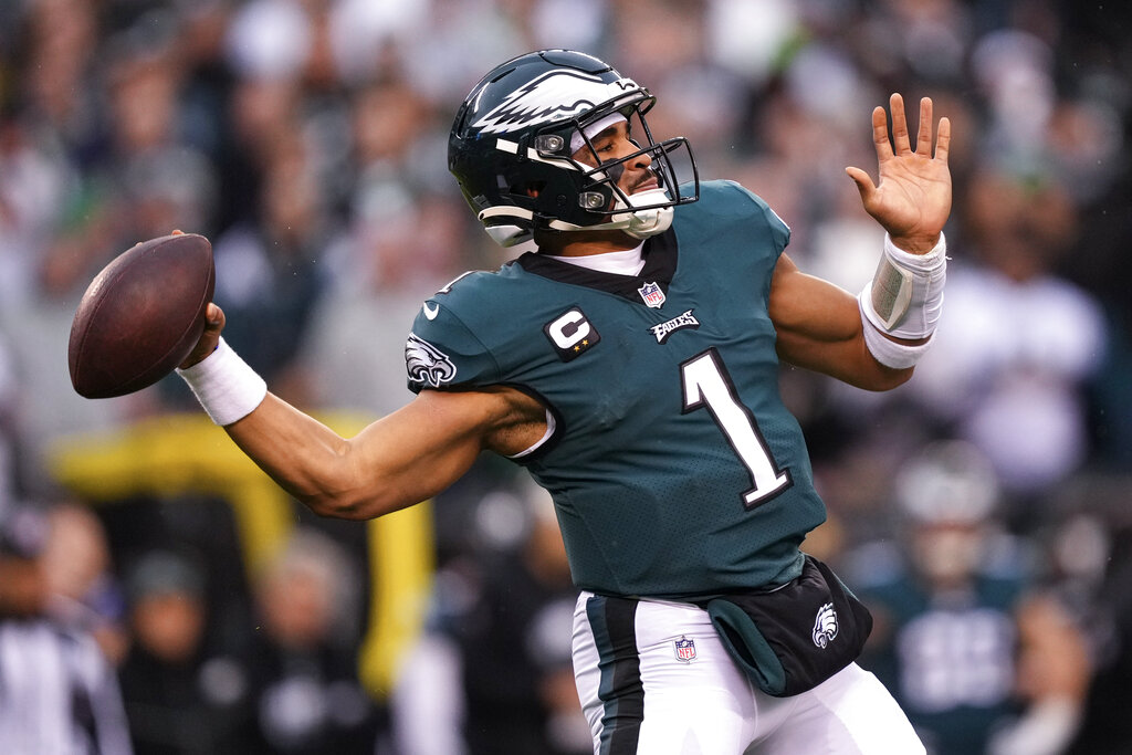 Media by Associated Press - FILE - Philadelphia Eagles quarterback Jalen Hurts passes during the first half of the NFC Championship NFL football game between the Philadelphia Eagles and the San Francisco 49ers on Sunday, Jan. 29, 2023, in Philadelphia. The Chiefs and Eagles are bringing MVP finalists Patrick Mahomes and Jalen Hurts to the Super Bowl to cap a season in which the NFL had a glaring amount of instability at quarterback. (AP Photo/Matt Rourke, File)