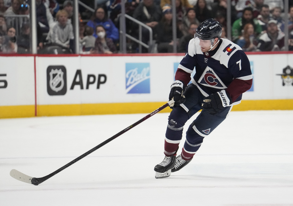 Media by Associated Press - Colorado Avalanche defenseman Devon Toews (7) in the third period of an NHL hockey game Saturday, March 11, 2023, in Denver. (AP Photo/David Zalubowski)