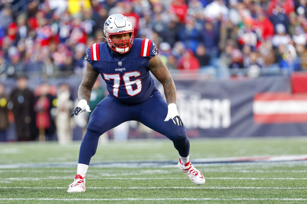 Media by Associated Press - New England Patriots offensive tackle Isaiah Wynn (76) prepares to block during the first half of an NFL football game against the New York Jets, Sunday, Nov. 20, 2022, in Foxborough, Mass. (AP Photo/Greg M. Cooper)