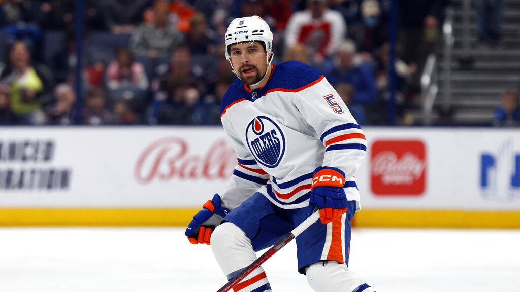 Media by Associated Press - Edmonton Oilers defenseman Cody Ceci is seen against the Columbus Blue Jackets during an NHL hockey game in Columbus, Ohio, Saturday, Feb. 25, 2023. The Blue Jackets won 6-5. (AP Photo/Paul Vernon)