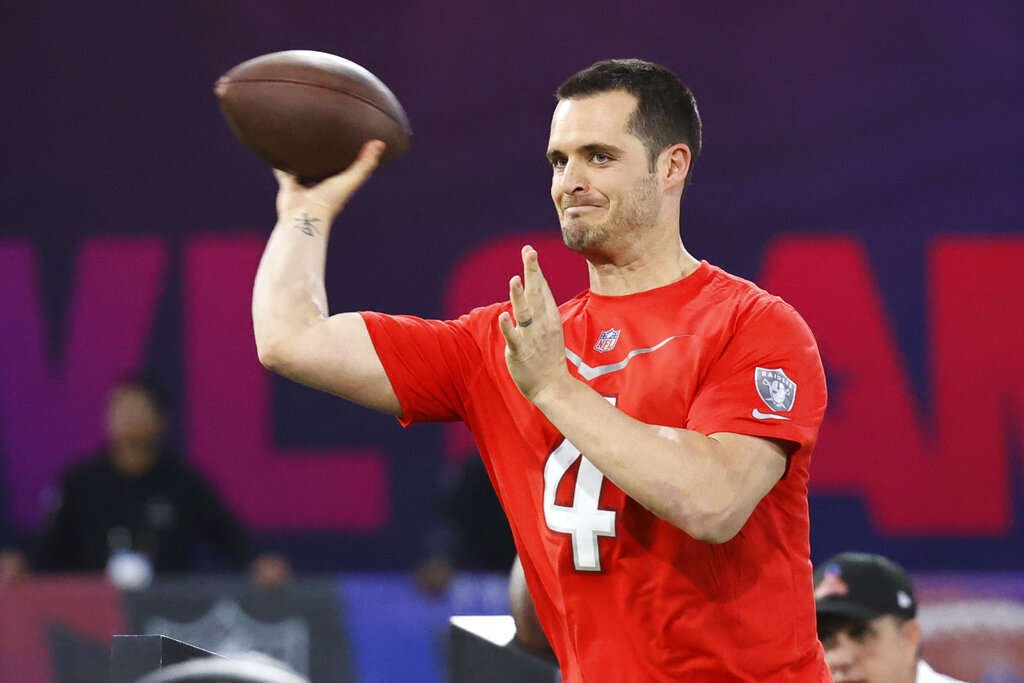 Media by Associated Press - FILE - Derek Carr (4) of the Las Vegas Raiders competes in the Precision Passing event during the Pro Bowl Games skills events, Thursday, Feb. 2, 2023, in Henderson, Nev. The Carolina Panthers will meet with free agent quarterback Derek Carr this week at the NFL scouting combines in Indianapolis, according to a person familiar with the situation. The person spoke to The Associated Press on Tuesday, Feb. 28, 2023, on condition of anonymity because the team doesn’t announce its meetings with free agents. (Gregory Payan/AP Images for NFL)