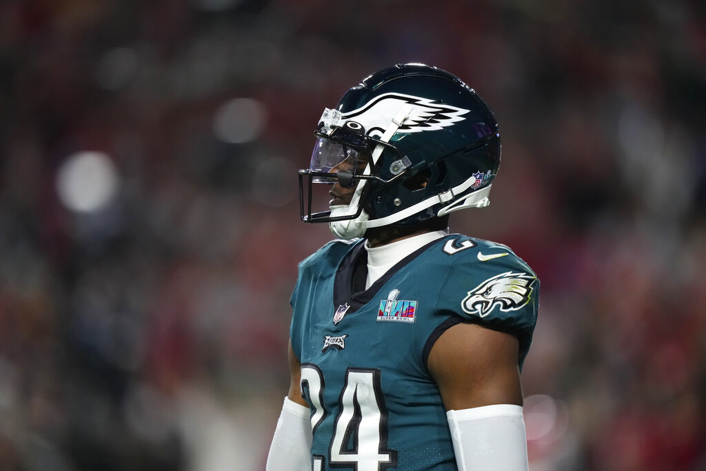 Media by Associated Press - Philadelphia Eagles' James Bradberry walks the field during the NFL Super Bowl 57 football game against the Kansas City Chiefs, Sunday, Feb. 12, 2023, in Glendale, Ariz. (AP Photo/Matt Slocum)